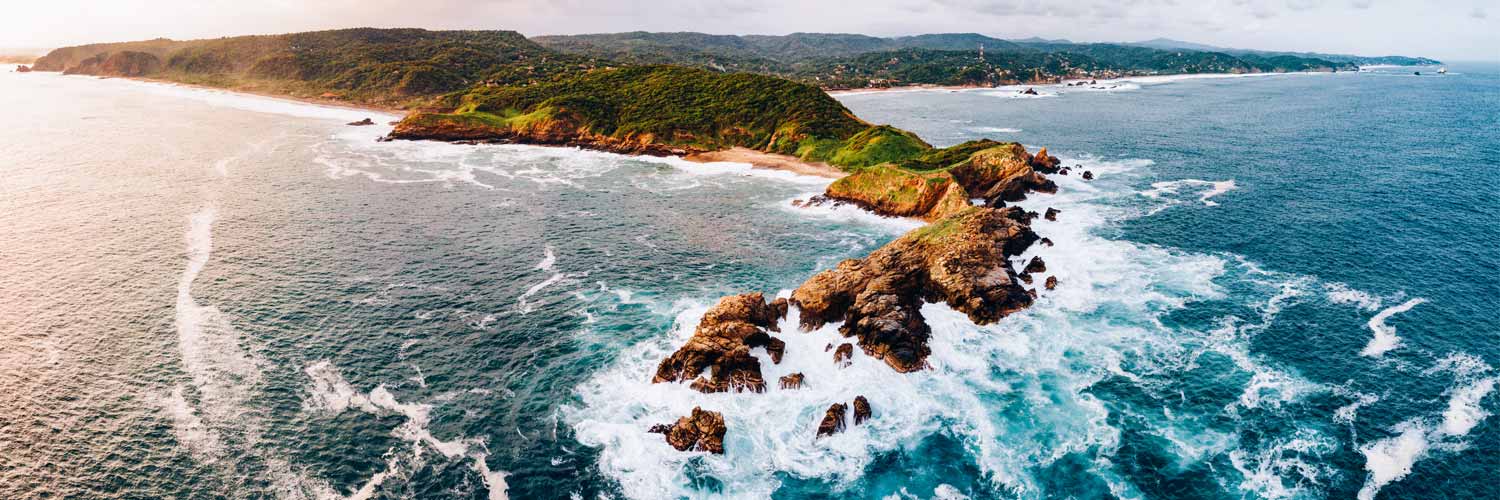 Vista aérea de vegetación en el acantilado con vistas al mar en Puerto Escondido